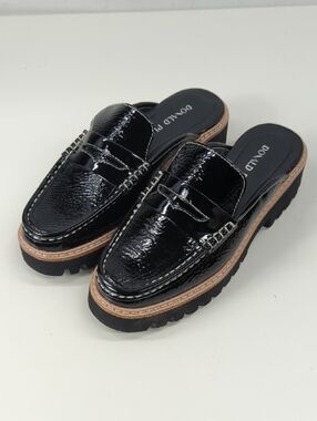 New Donald Pliner Hillie Lug Sole Black Patent Leather Mule Loafers Size 6